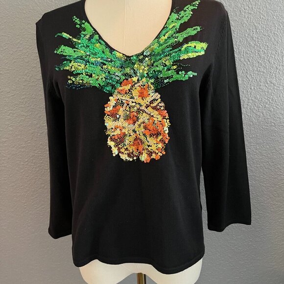MICHAEL SIMON Vintage Beaded PINEAPPLE Sweater Top Hawaii Hospitality -EUC - M - Picture 1 of 10